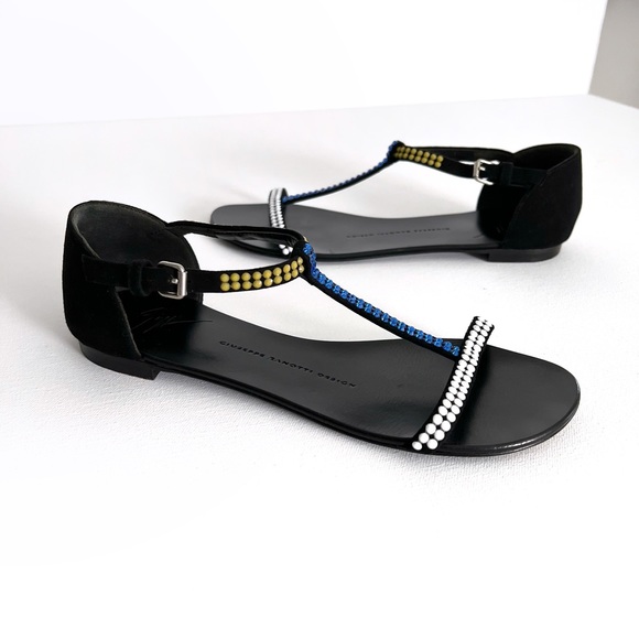 Giuseppe Zanotti Crystal Embellished T-Strap Flat Sandals Size 7.5 - Picture 1 of 14